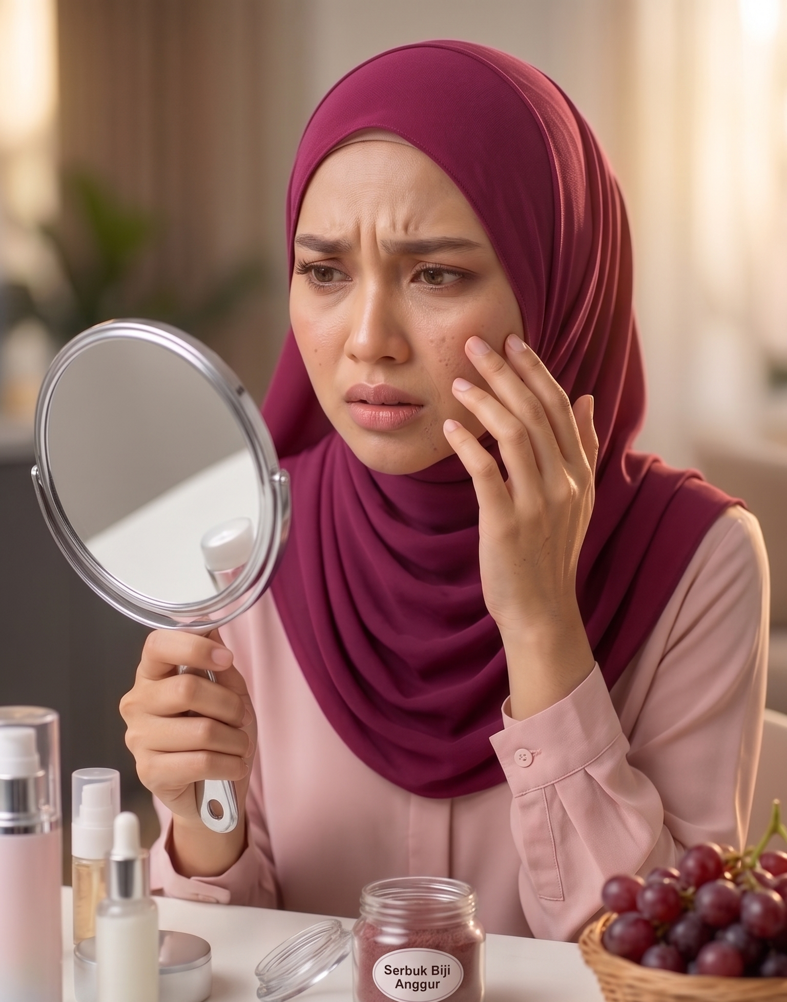 Wanita tengok cermin risau dengan kulit kusam dan kedutan