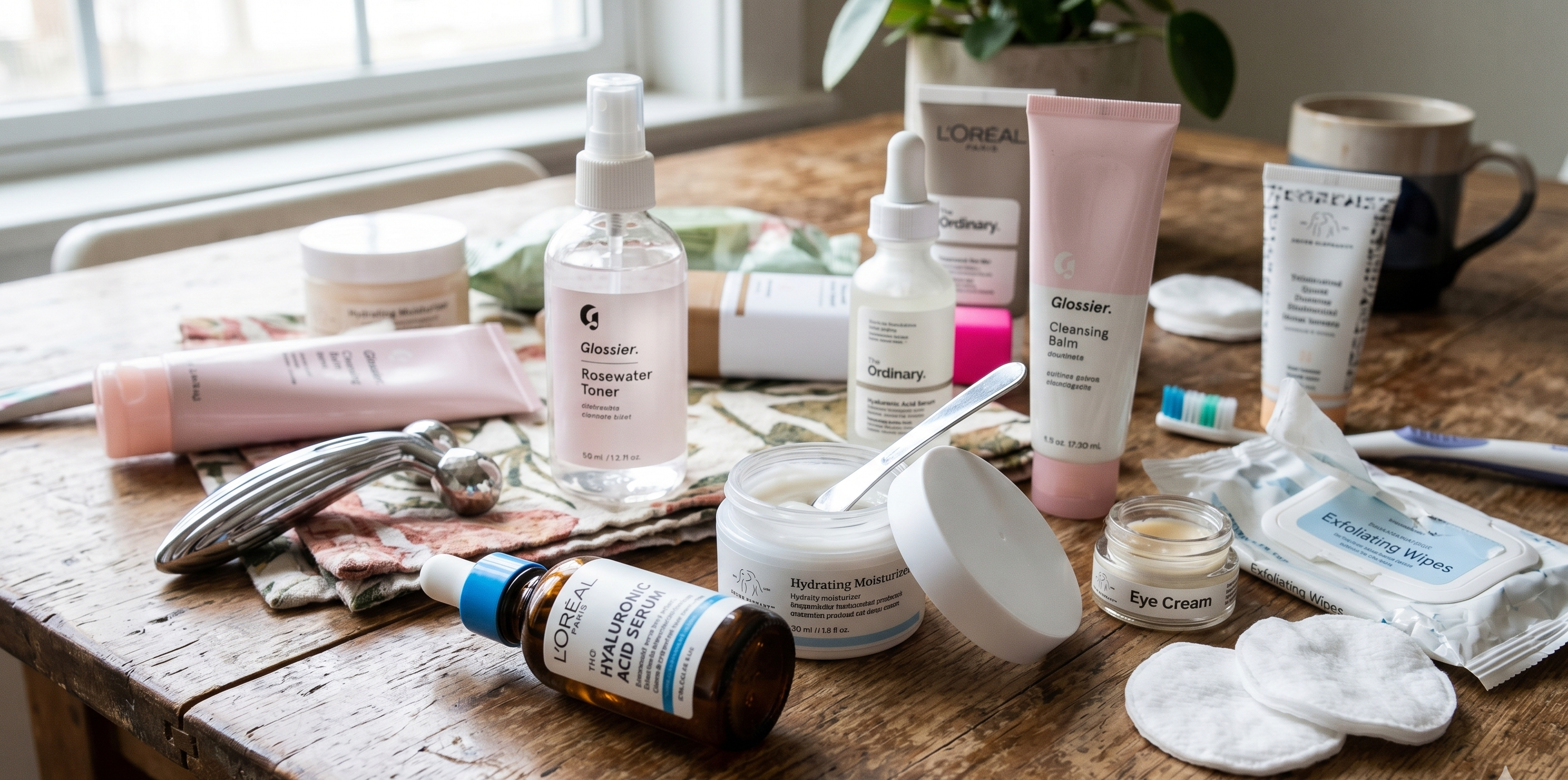 Pelbagai produk skincare mahal di atas meja yang tidak berkesan